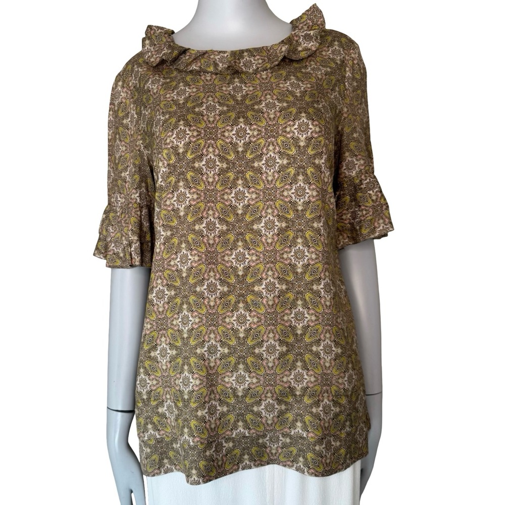 Marc Jacobs for Barney’s Co-op Silk Tunic Ruffle Neck Paisley Olive Mustard Pink
